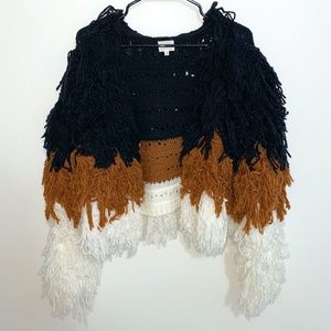 Dee Elly Sweaters | Dee Elly Brown Black White Fringe Cardigan | Size M |